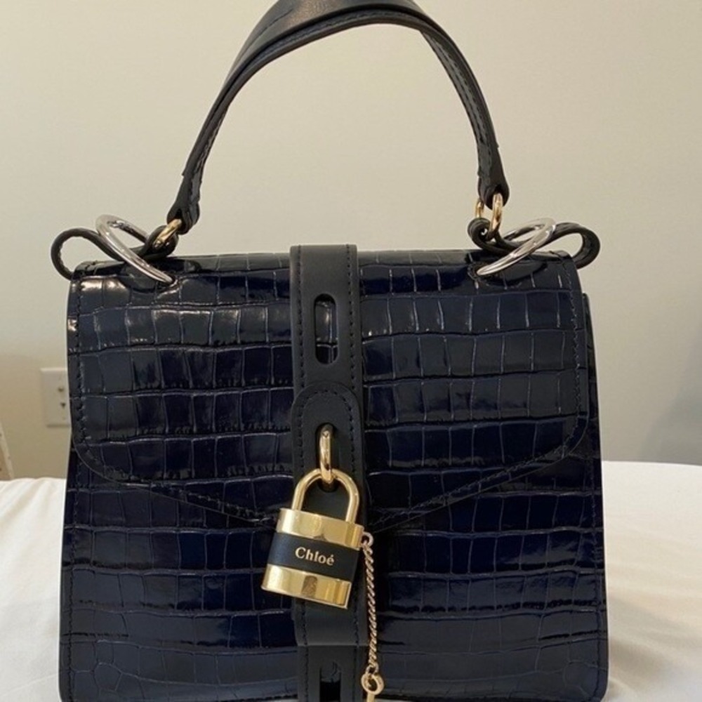 NWT Chloe Aby Medium Day Bag True Blue Croc Embossed Leather‎ Gold Hardware